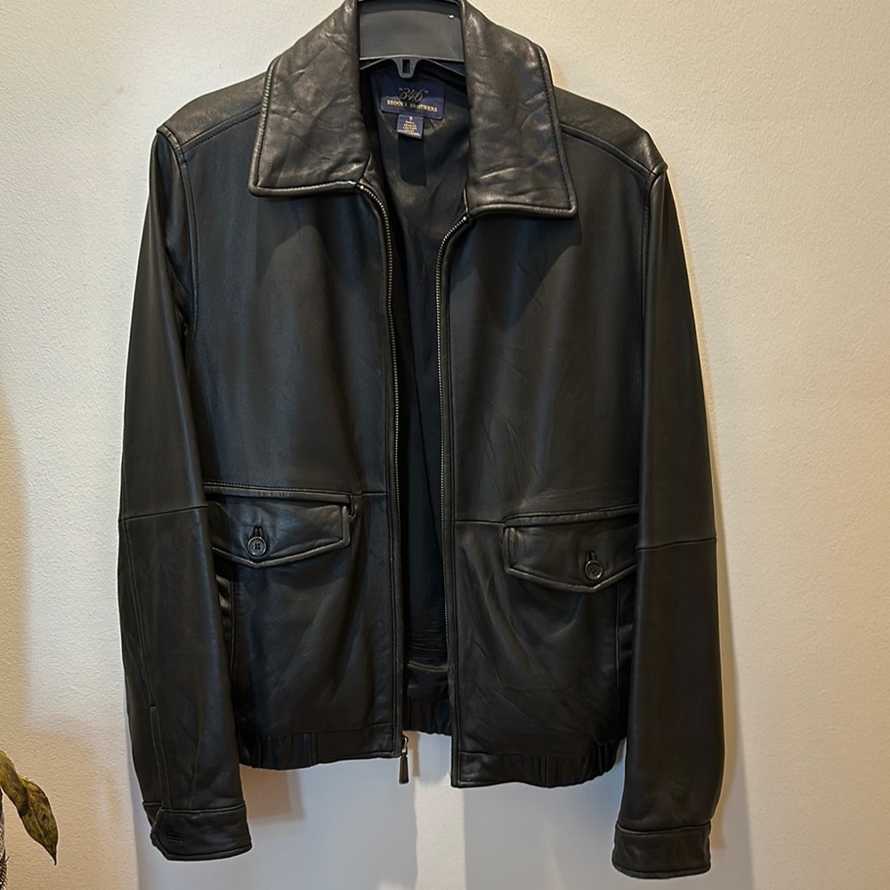 Brooks Brothers Black Leather Bomber Jacket